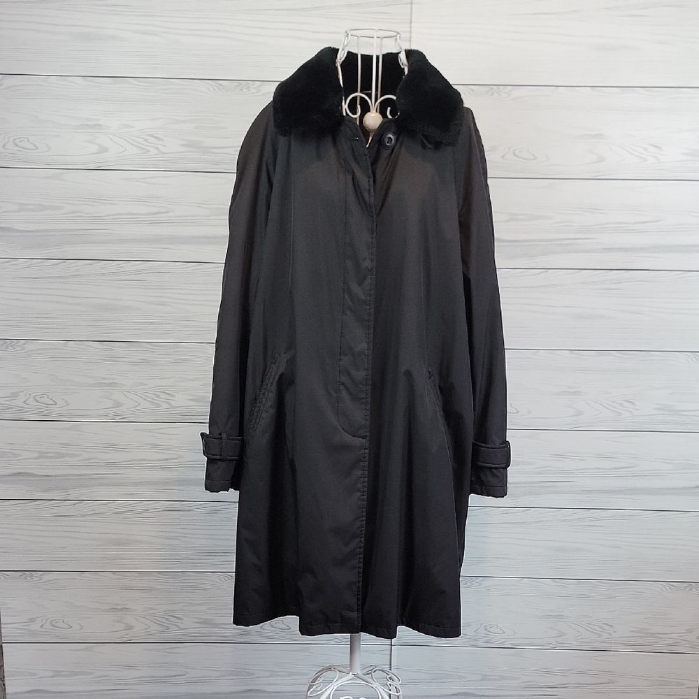 Vintage Trenchcoat Made In Italy Black With Faux Fur Collar Womens Size L